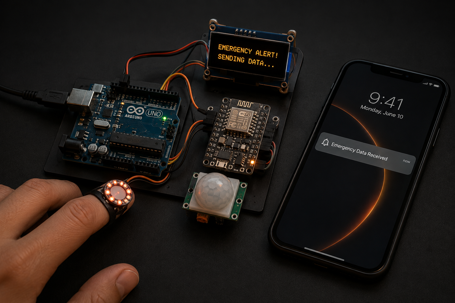 Gerçek donanım prototipi: parmak nabız sensörü halkası, NodeMCU ESP8266, OLED ekranda 'EMERGENCY ALERT! SENDING DATA...' uyarısı ve telefon ekranında Blynk 'Emergency Data Received' bildirimi.